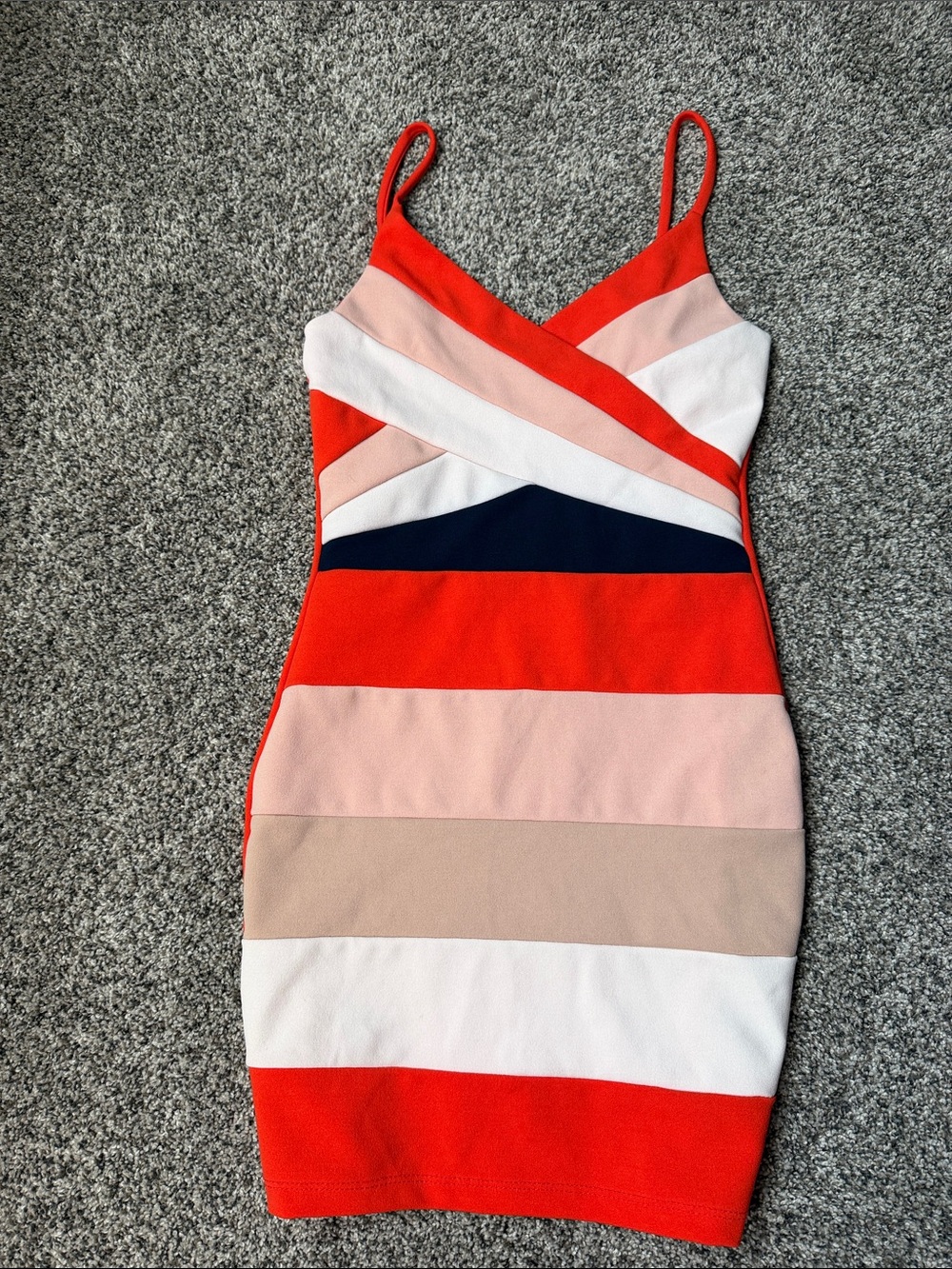 Color-Block Spaghetti Strap Mini Dress in Orange, White Navy & Cream Size Small